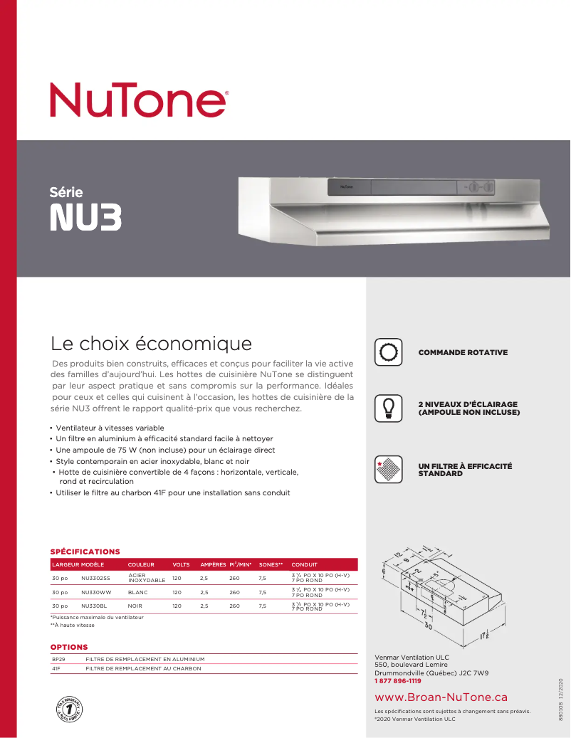 Page 1 de la notice Brochure NuTone NU330BL