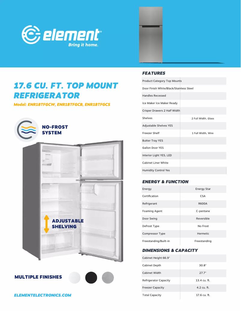 Page 1 de la notice Fiche technique Element ENR18TFGBS