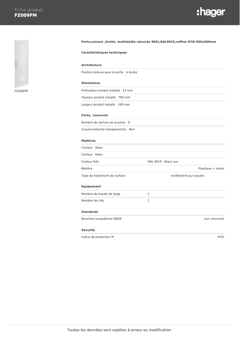 Page 1 de la notice Manuel utilisateur Hager FZ009FM