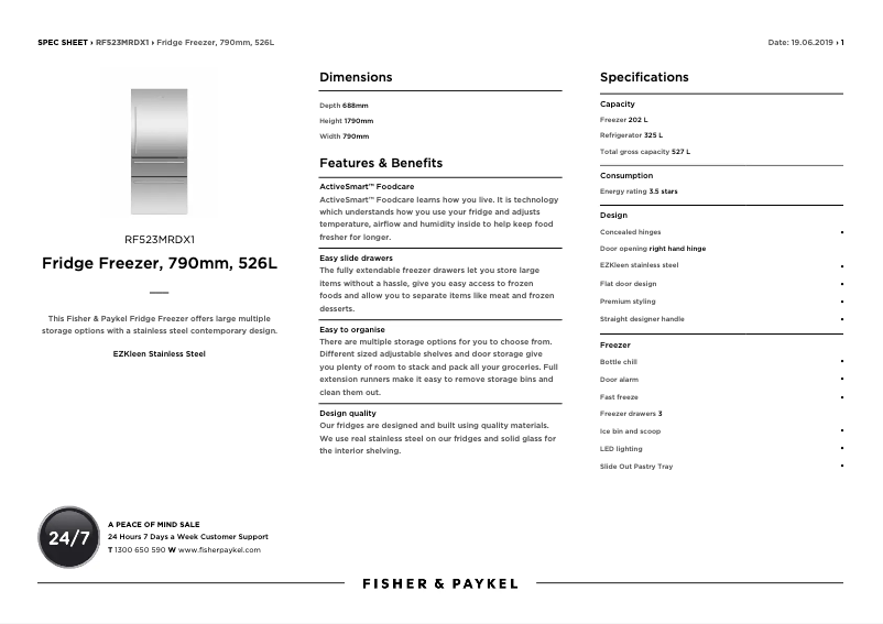 Página 1 del manual Ficha técnica Fisher & Paykel RF523MRDX1