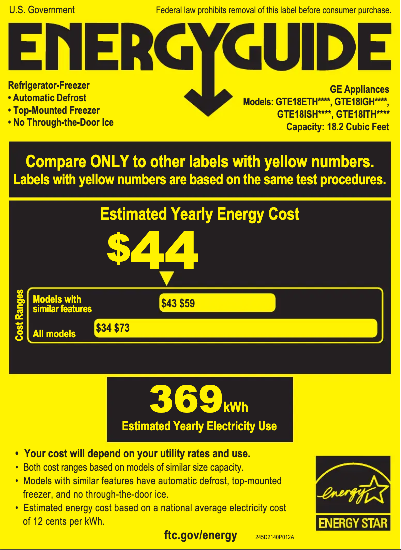 Page n°1 - Label énergétique GE GTE18IGHBB