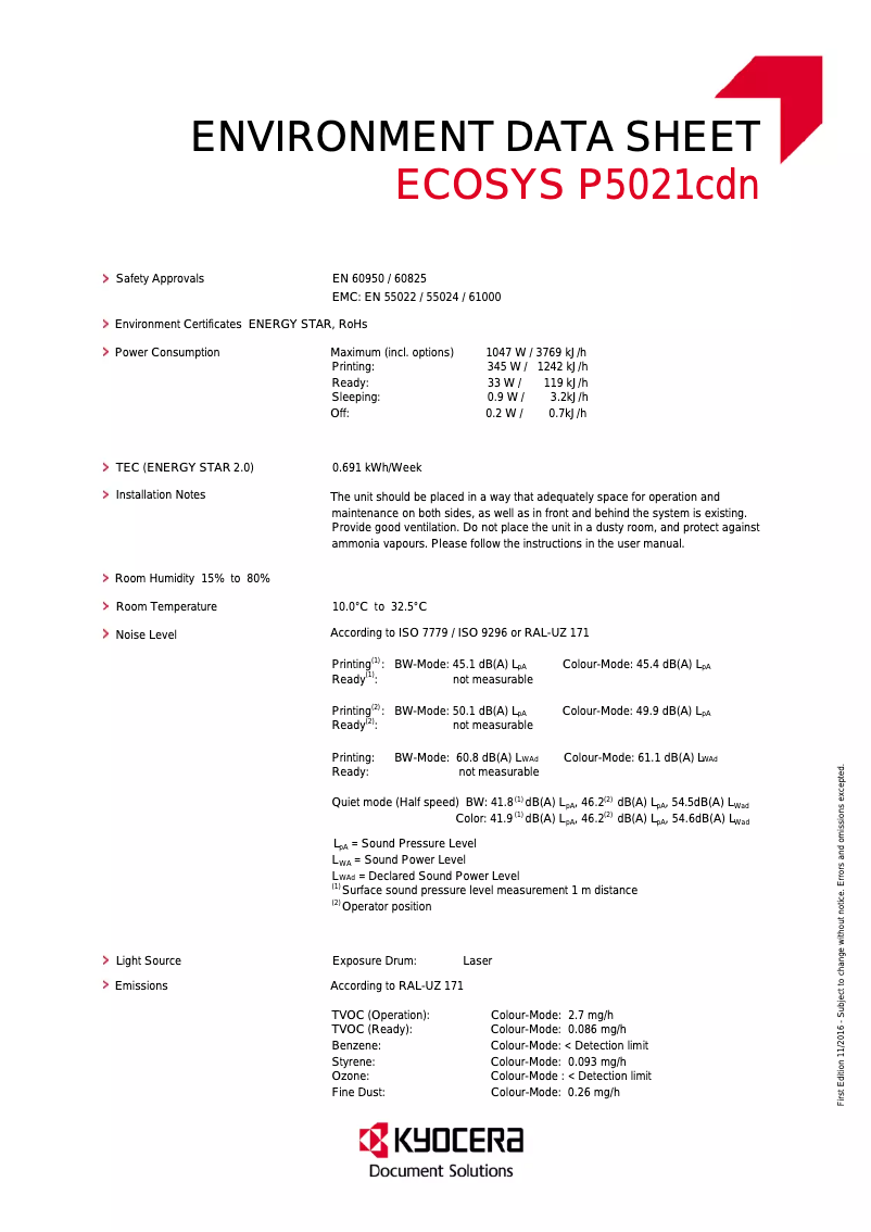 Page 1 de la notice Fiche technique Kyocera ECOSYS P5021cdn/KL3
