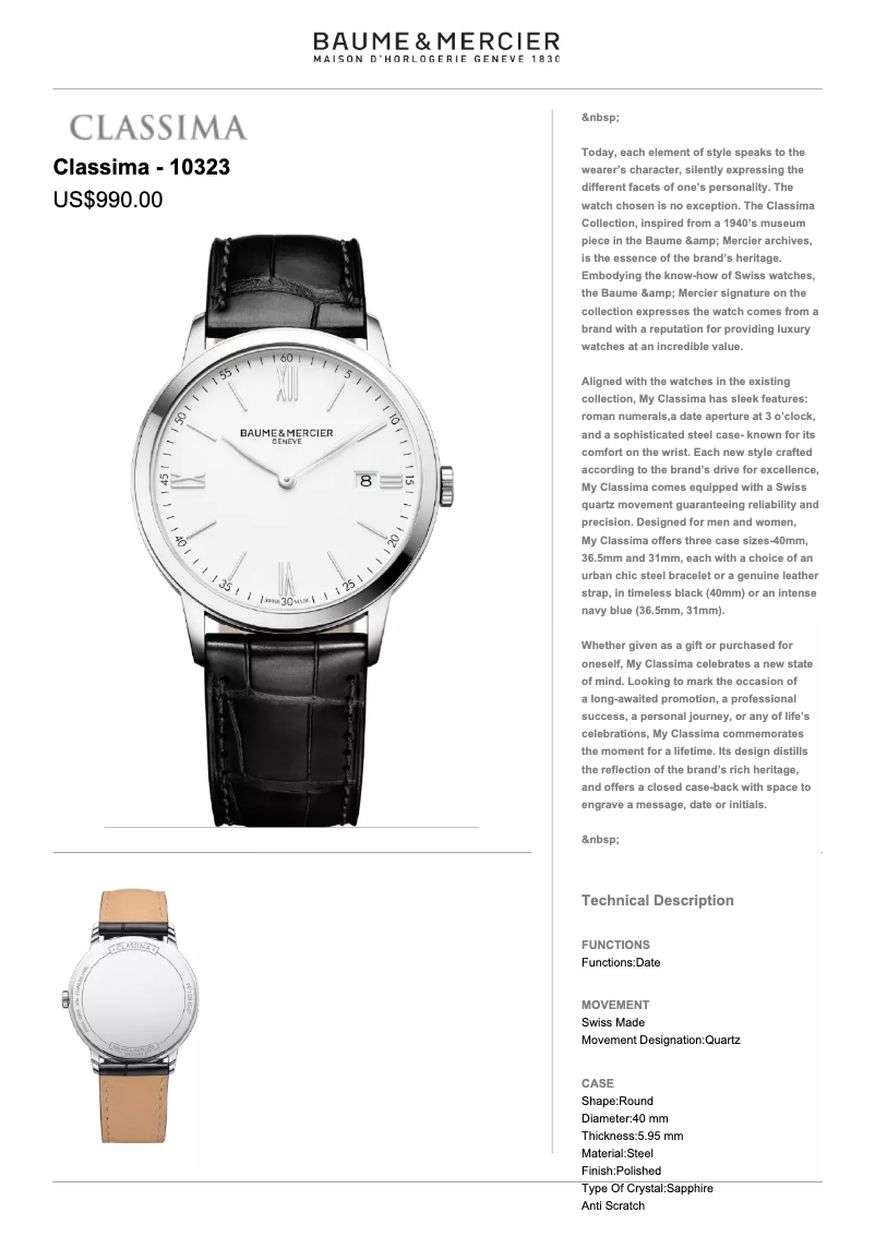Page n°1 - Fiche technique Baume & Mercier Classima 10323