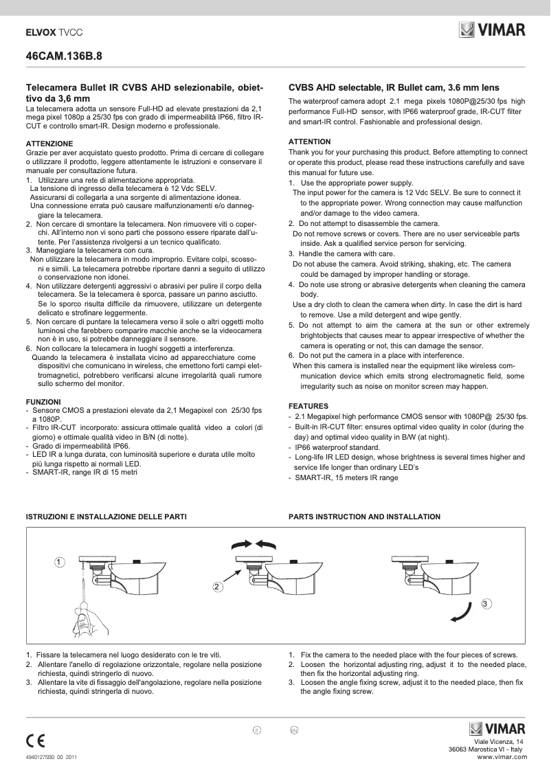 Page 1 de la notice Manuel utilisateur Vimar ELVOX 46CAM.136B.8