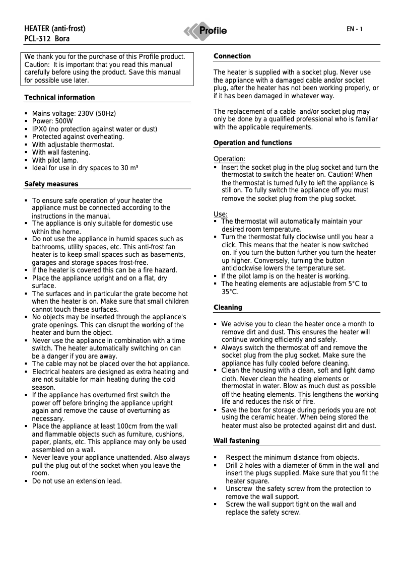 Page 1 de la notice Manuel utilisateur Profile PCL-312 Bora