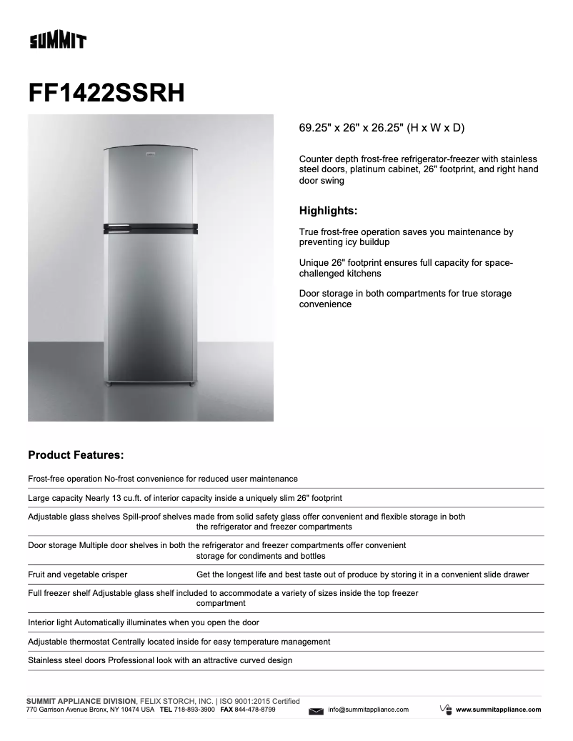 Page 1 de la notice Fiche technique Summit FF1422