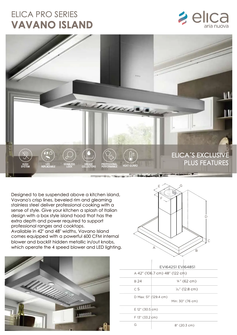 Page 1 de la notice Fiche technique Elica Vavano EVI648SS