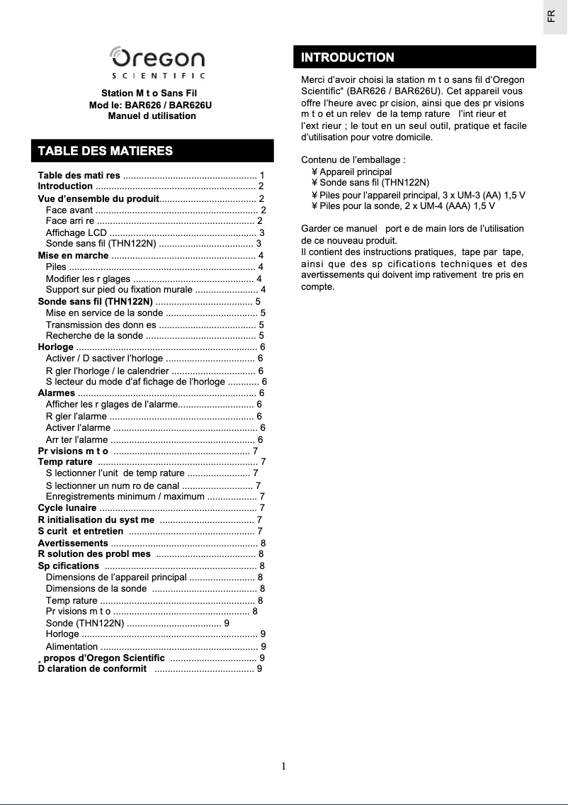 Page 1 de la notice Manuel utilisateur Oregon Scientific BAR626