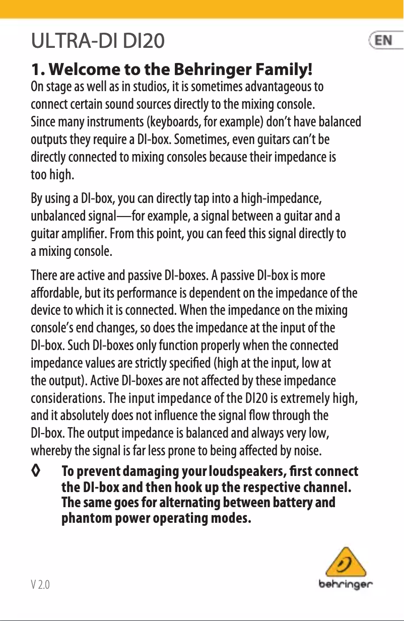 Página 1 del manual Manual de usuario Behringer Ultra-DI DI20