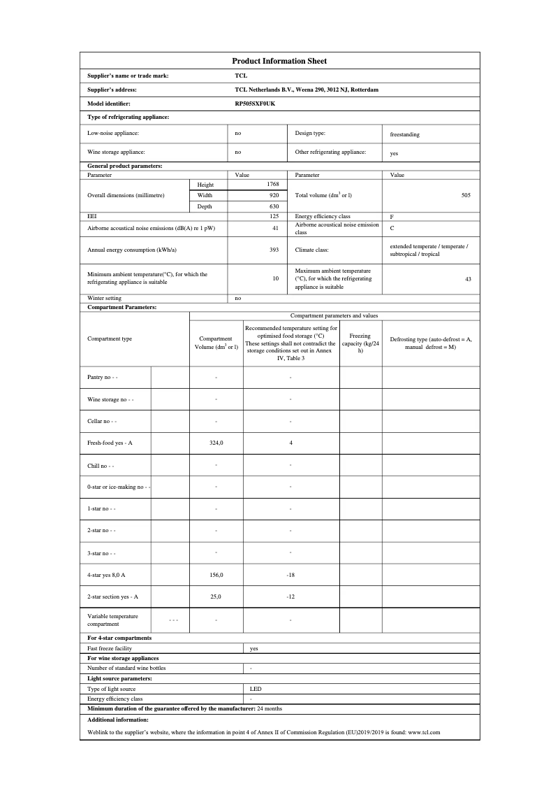 Page 1 de la notice Fiche technique TCL RP505SXF0