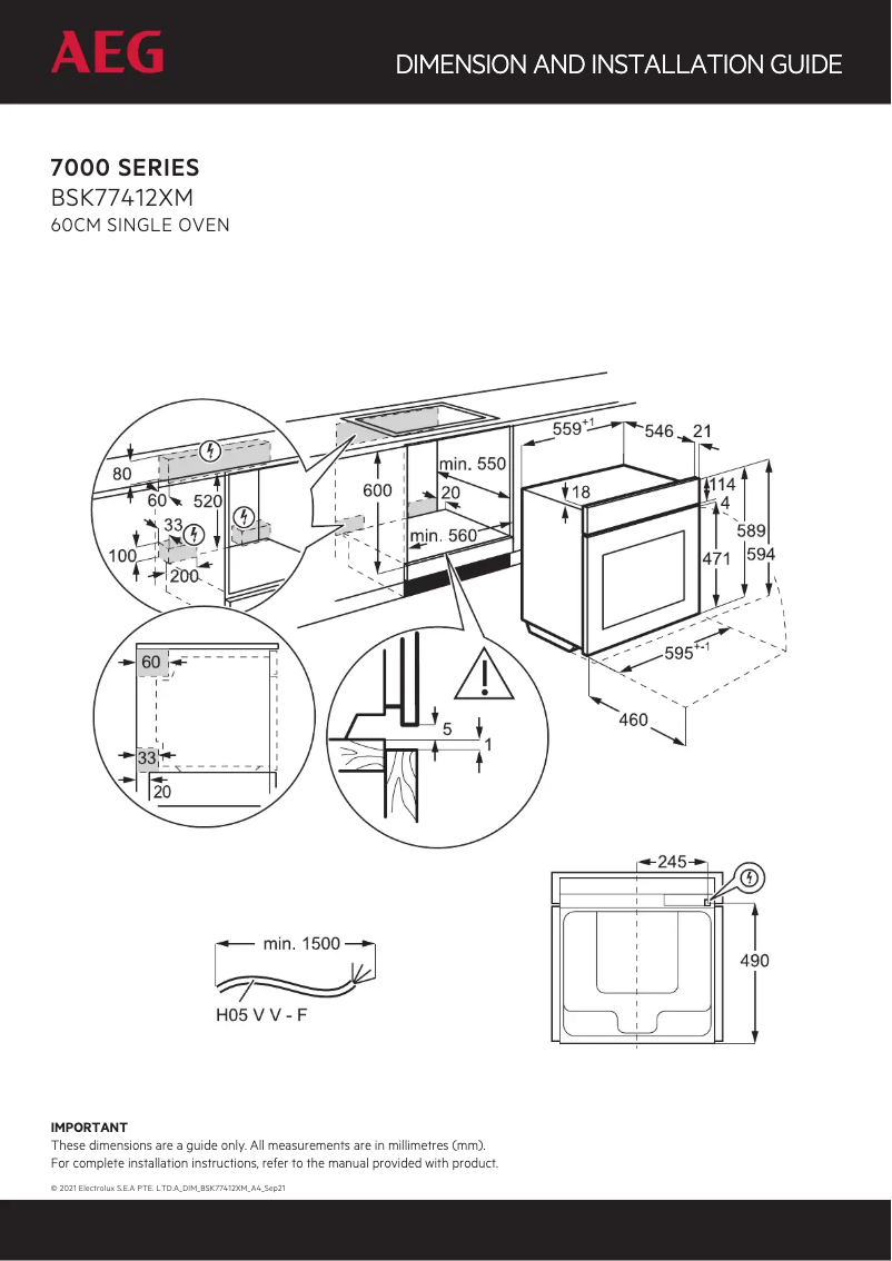 Page 1 de la notice Dessin technique AEG BSK77412XM