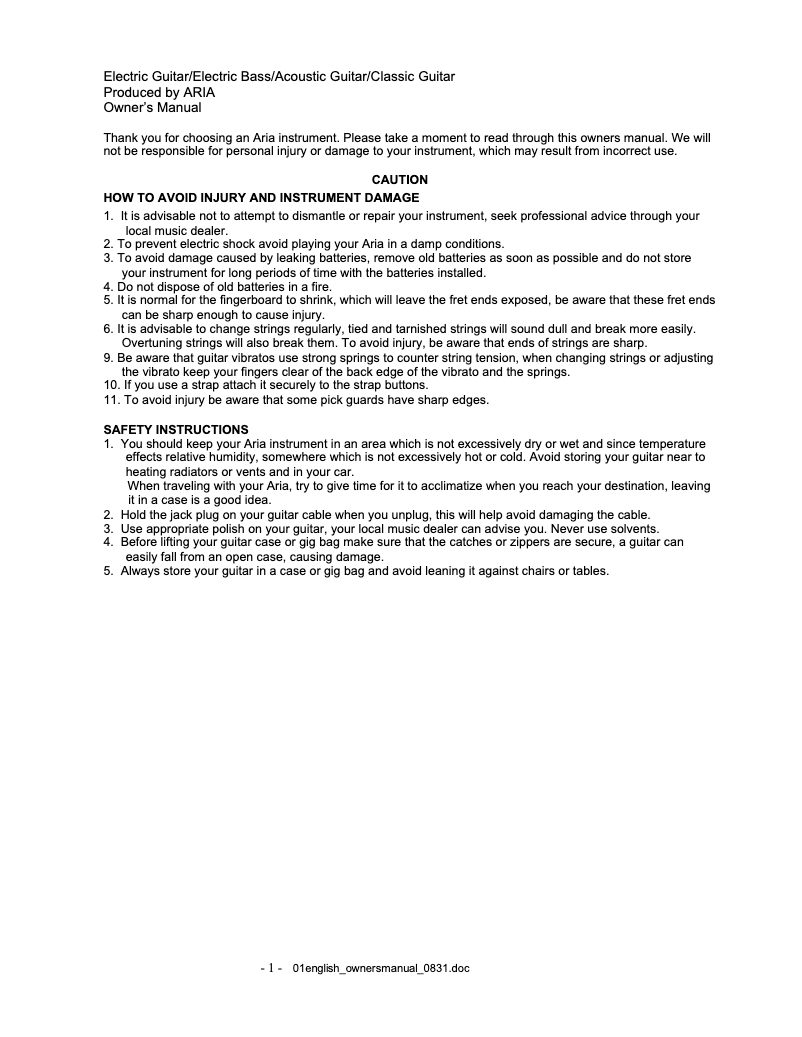 Page n°1 - Manuel utilisateur Aria AS-105S