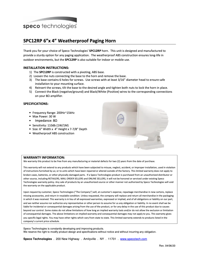 Page 1 de la notice Manuel utilisateur Speco Technologies SPC12RP
