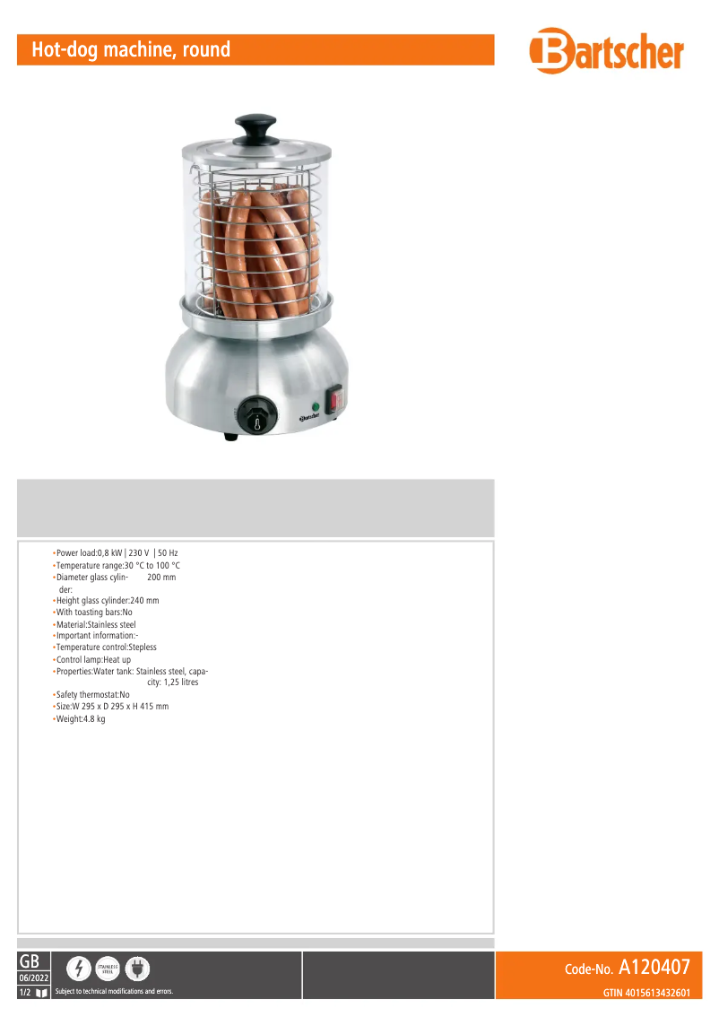 Page n°1 - Fiche technique Bartscher A120407