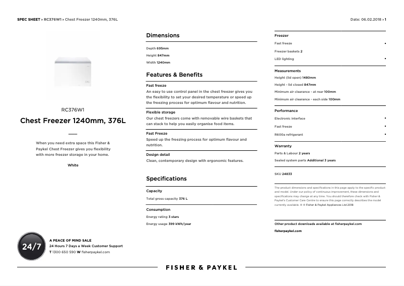 Page 1 de la notice Fiche technique Fisher & Paykel RC376W1