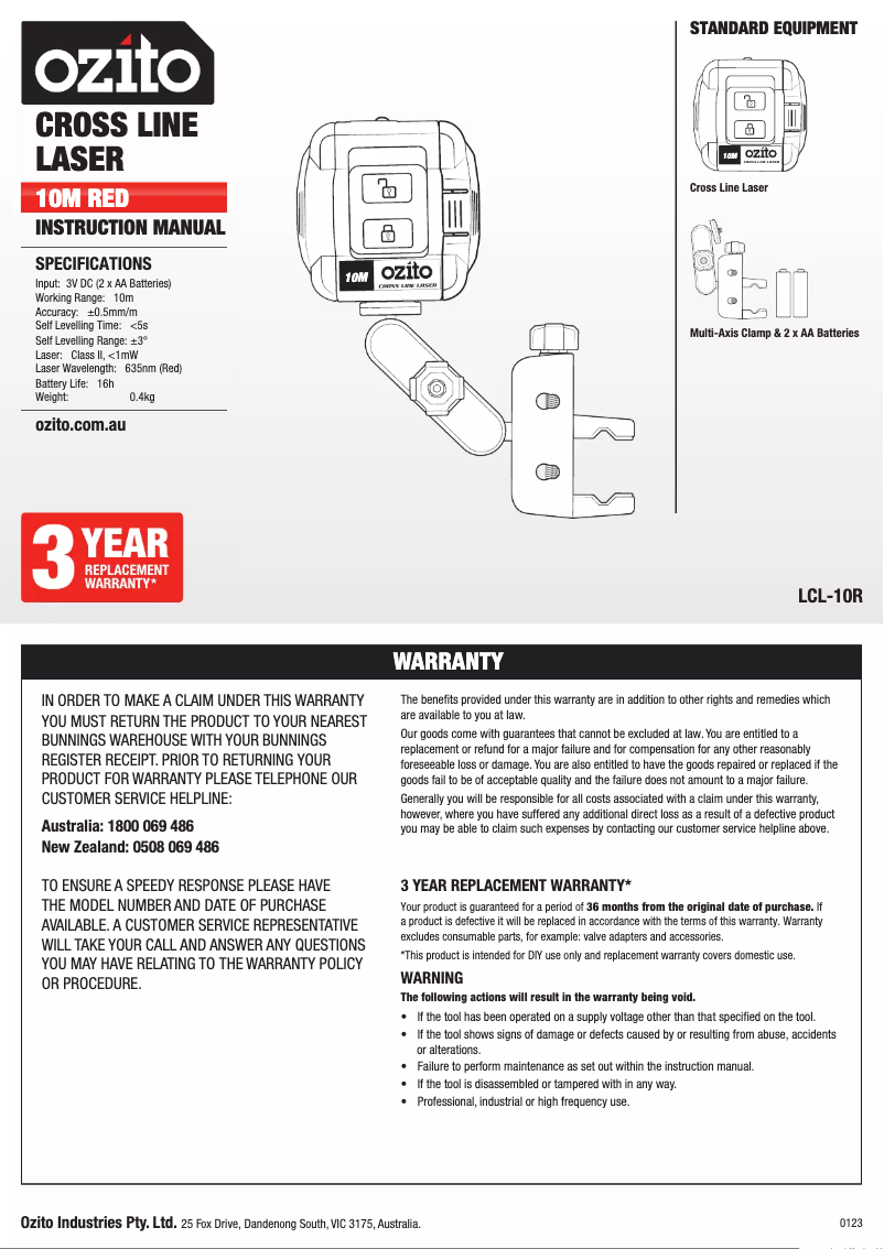 Page 1 de la notice Manuel utilisateur Ozito LCL-10R