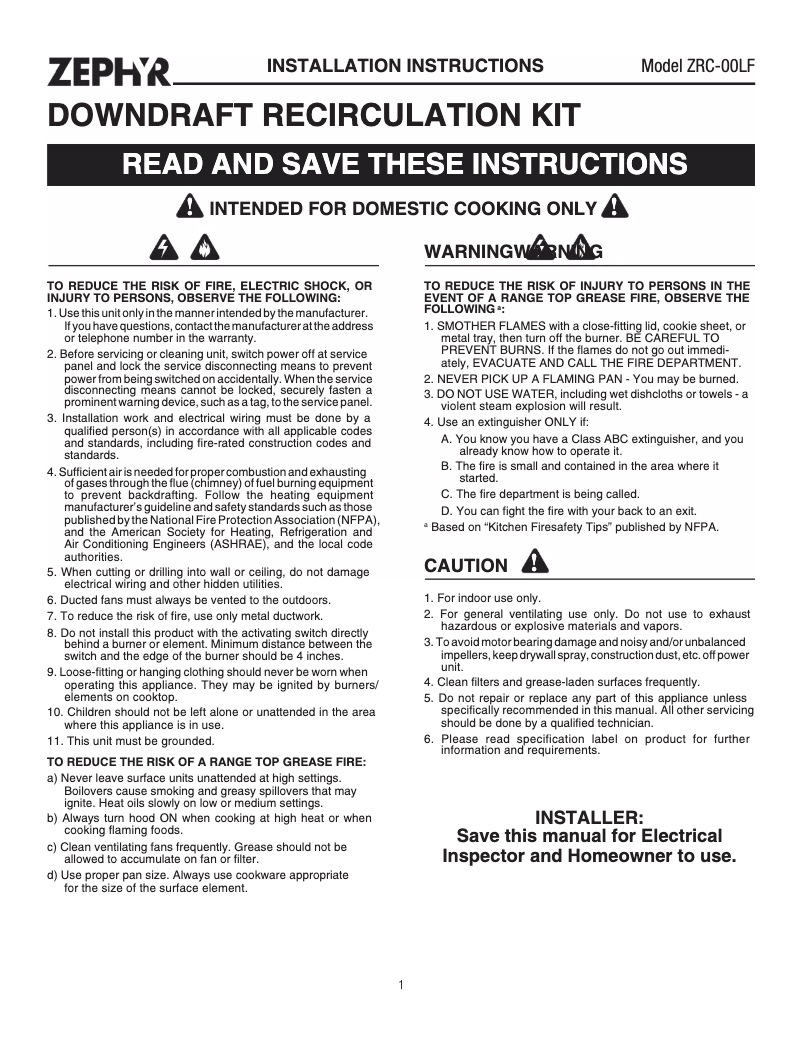 Page 1 de la notice Instructions / montage Zephyr DLIE30ASX