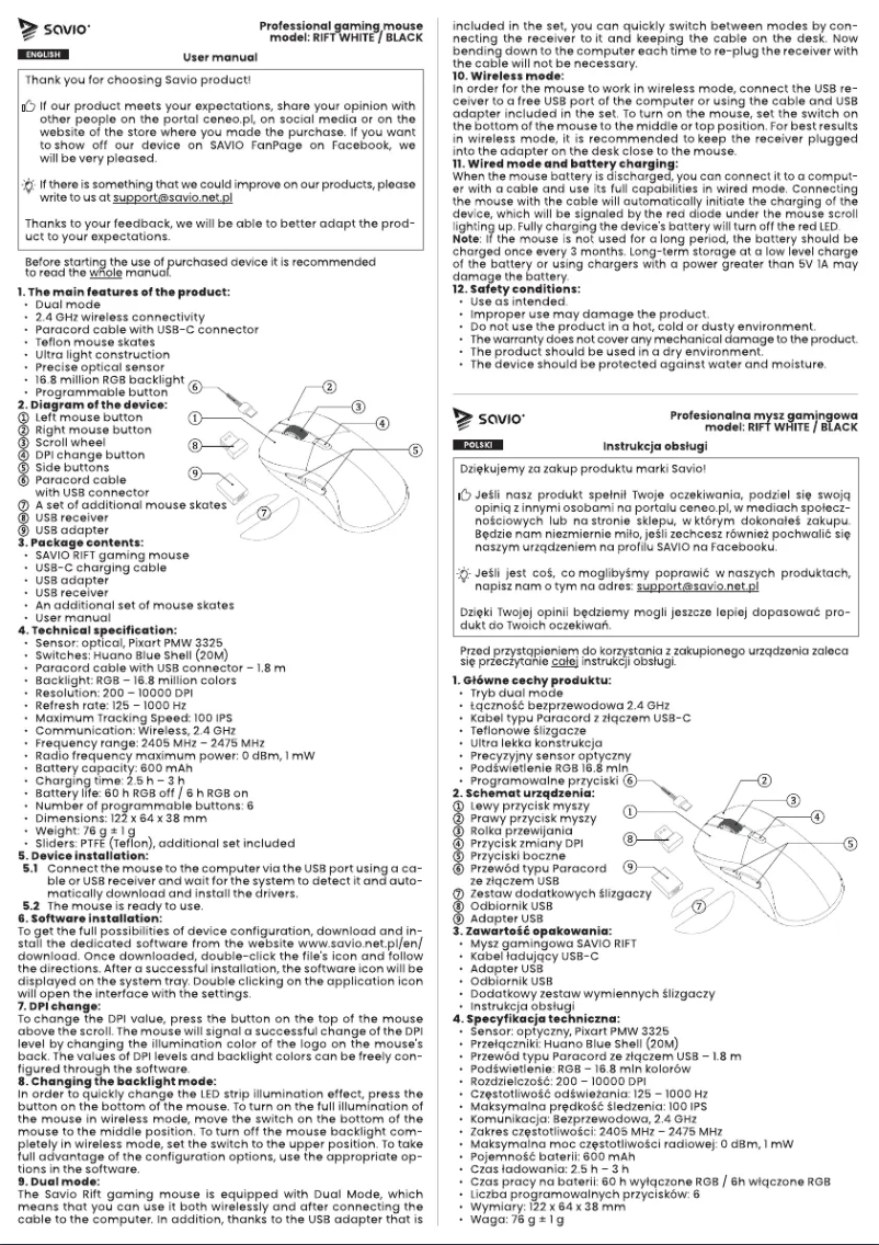 Page 1 de la notice Manuel utilisateur Savio Rift