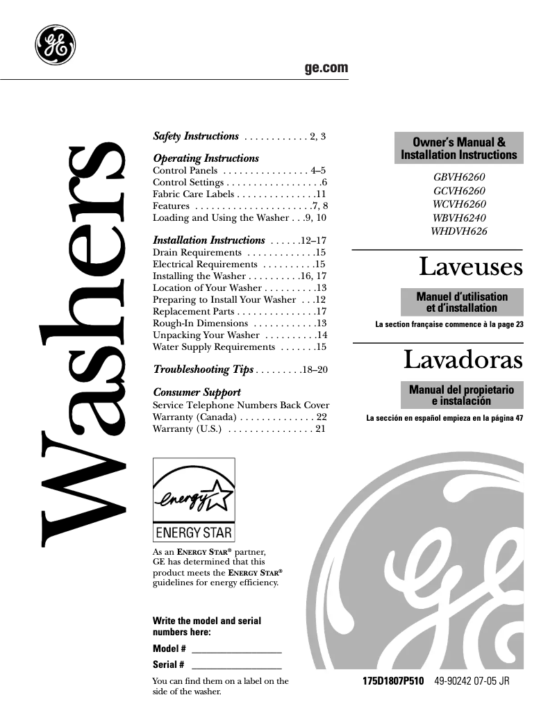 Page 1 de la notice Manuel utilisateur GE GBVH6260