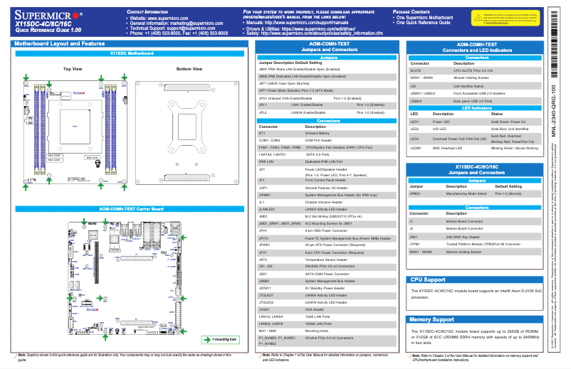 Page n°1 - Guide de démarrage rapide Supermicro X11SDC-16C