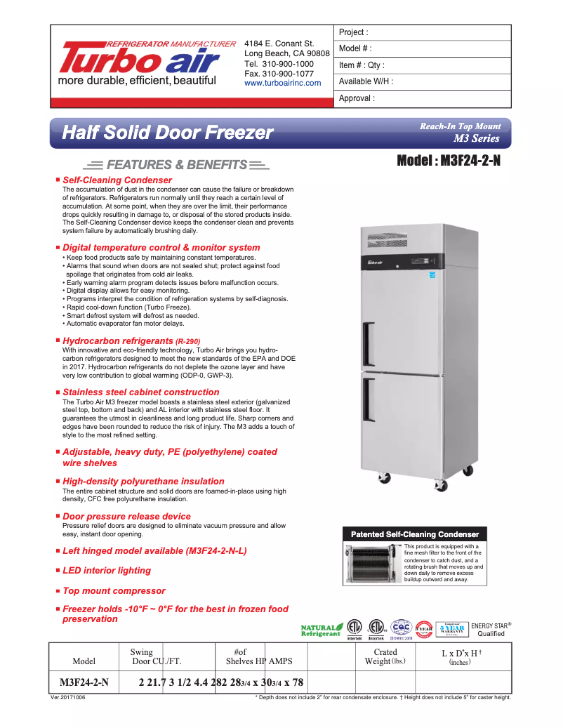 Página 1 del manual Ficha técnica Turbo air M3F24-2