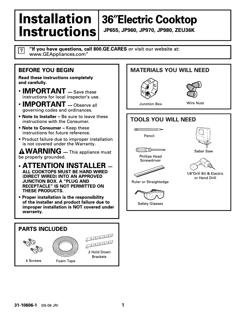 Page 1 de la notice Guide d'installation GE Profile JP980CKCC