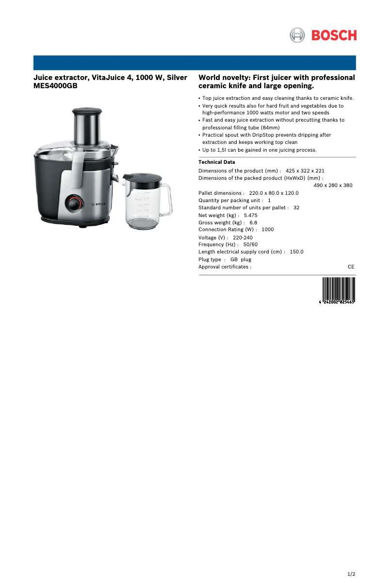 Página 1 del manual Ficha técnica Bosch MES4000GB