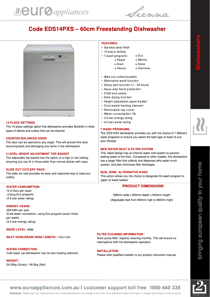 Page n°1 - Fiche technique Euro Appliances EDS14PXS