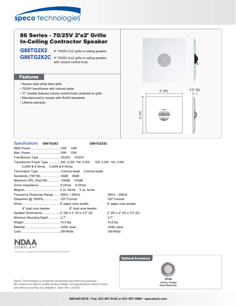Page 1 de la notice Fiche technique Speco Technologies G86TG2X2