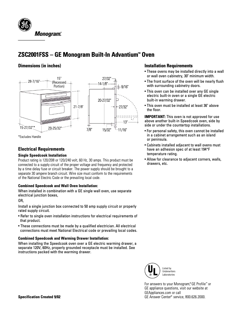 Page 1 de la notice Fiche technique GE ZSC2001FSS