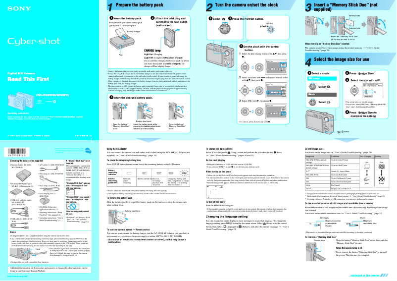 Page 1 de la notice Guide d'installation Sony Cybershot DSC-W40