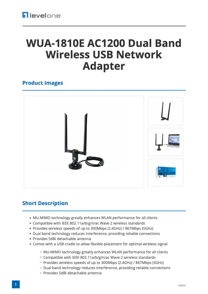 Page 1 de la notice Fiche technique LevelOne WUA-1810E