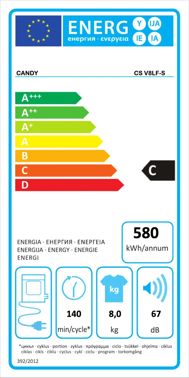 Page n°1 - Label énergétique Candy CS V8LF-S
