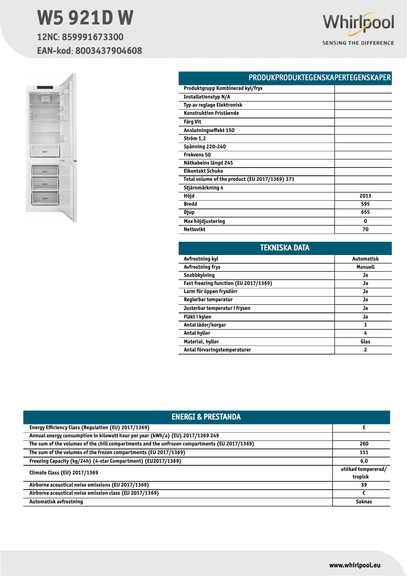 Page n°1 - Fiche technique Whirlpool W5 921D W