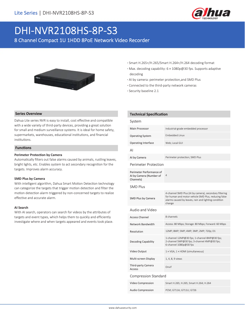 Page 1 de la notice Fiche technique Dahua Technology NVR2108HS-8P-S3
