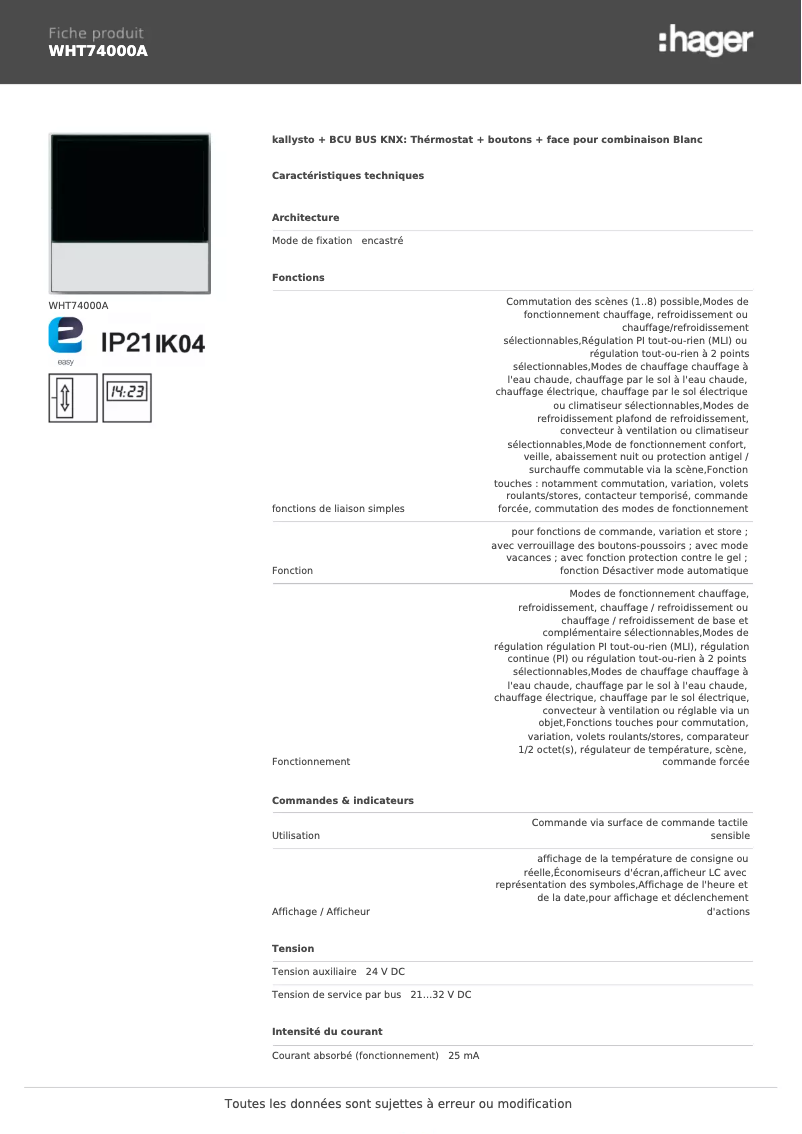 Page n°1 - Fiche technique Hager WHT74000A