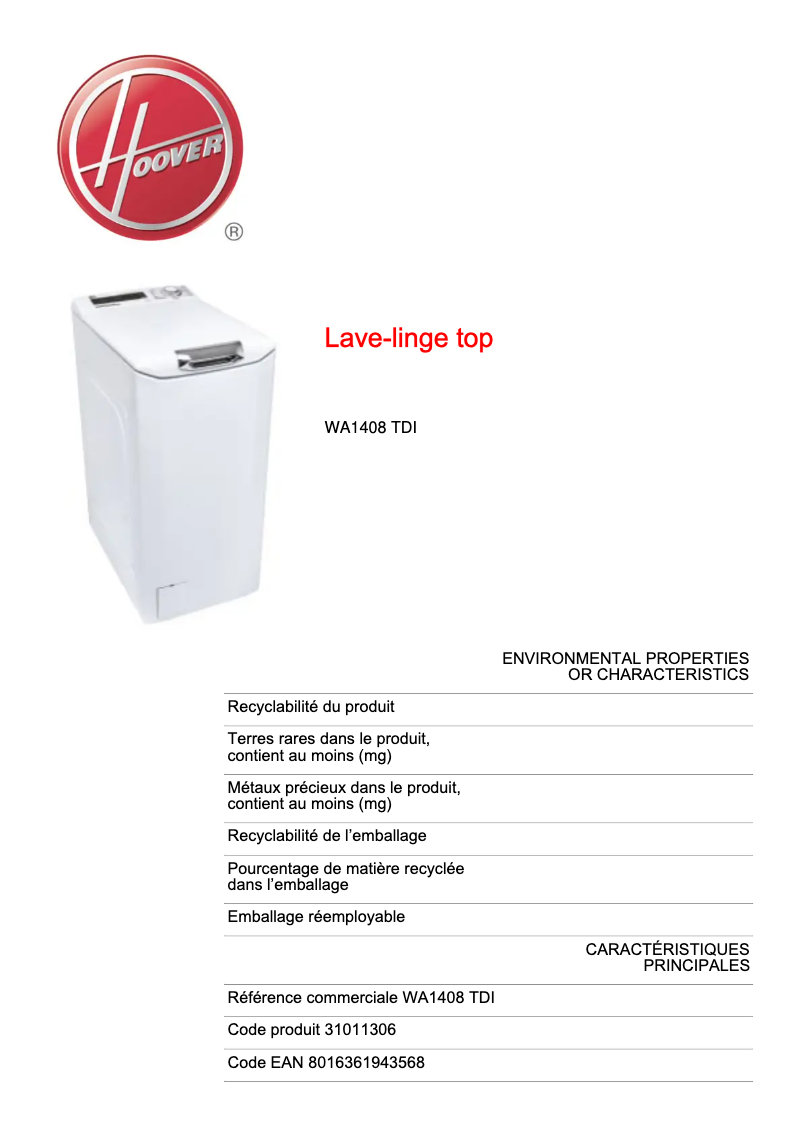 Página 1 del manual Ficha técnica Hoover WA 1408TDI