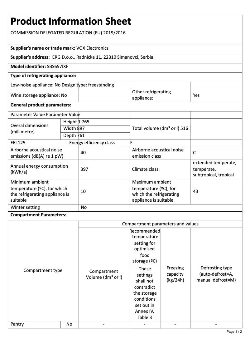 Page 1 de la notice Manuel utilisateur VOX SBS657IXF
