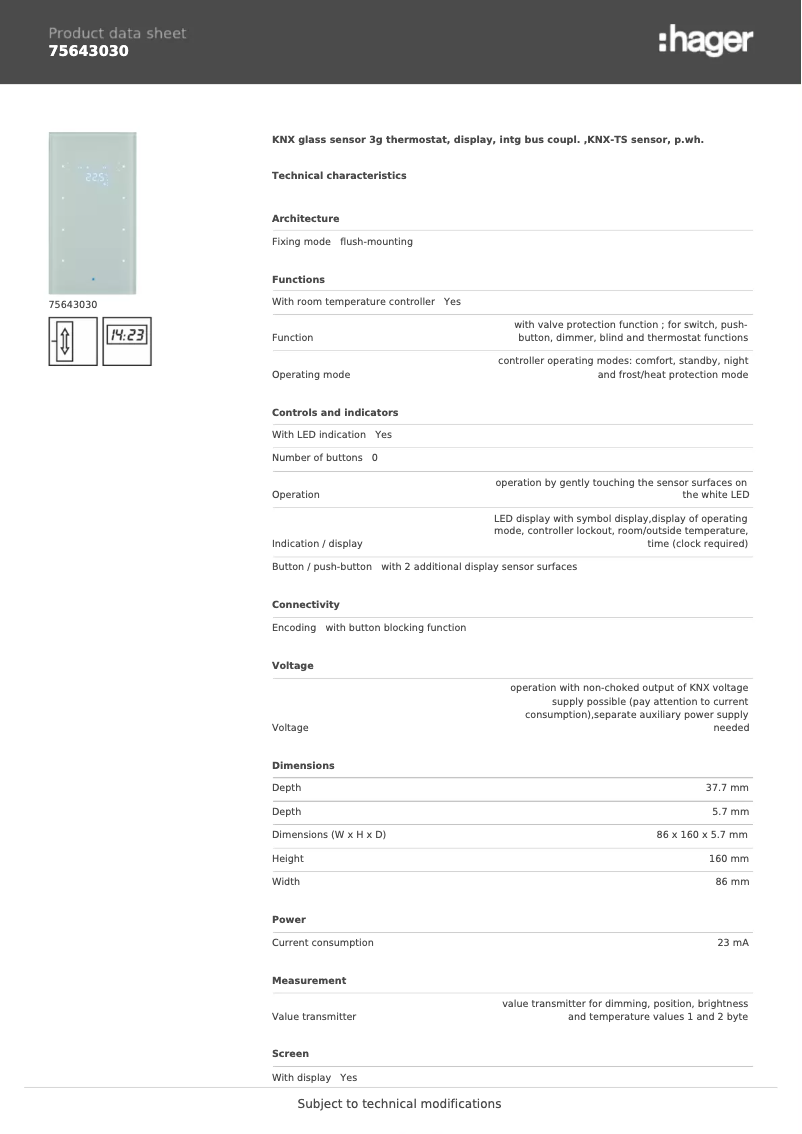 Page 1 de la notice Fiche technique Hager 75643030