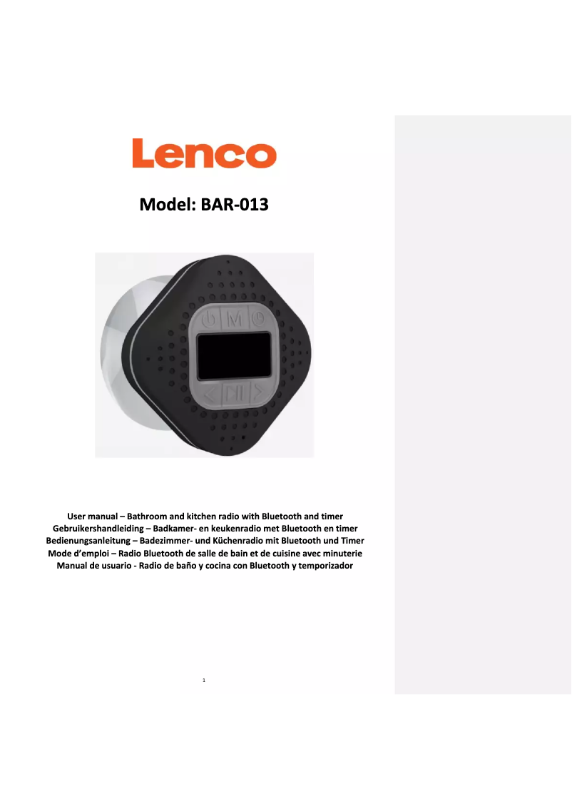 Page n°1 - Manuel utilisateur Lenco BAR-013