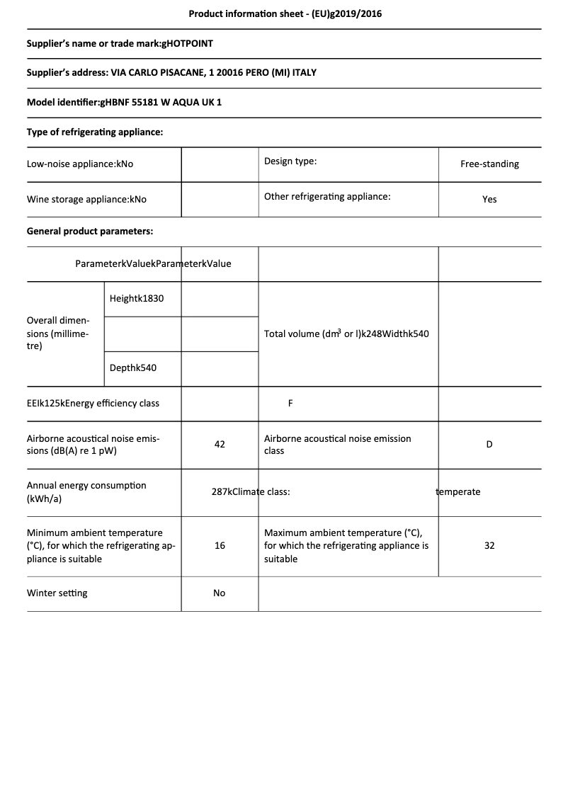 Page 1 de la notice Fiche technique Hotpoint HBNF 55181 W AQUA UK