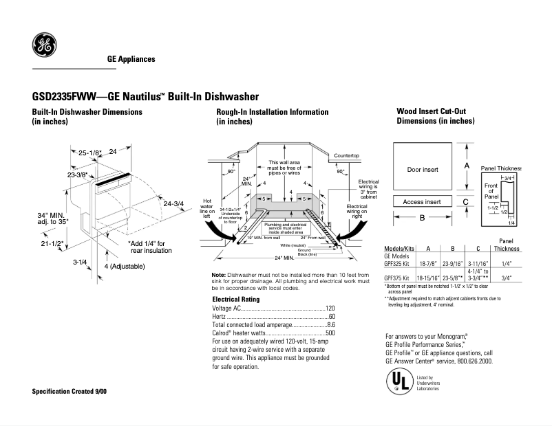 Page n°1 - Fiche technique GE GSD2335FWW