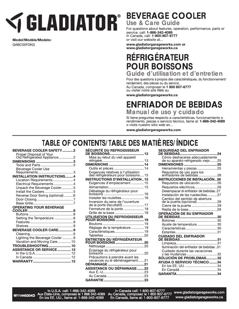 Page 1 de la notice Manuel d'utilisation et d'entretien Gladiator GABC05FDKG