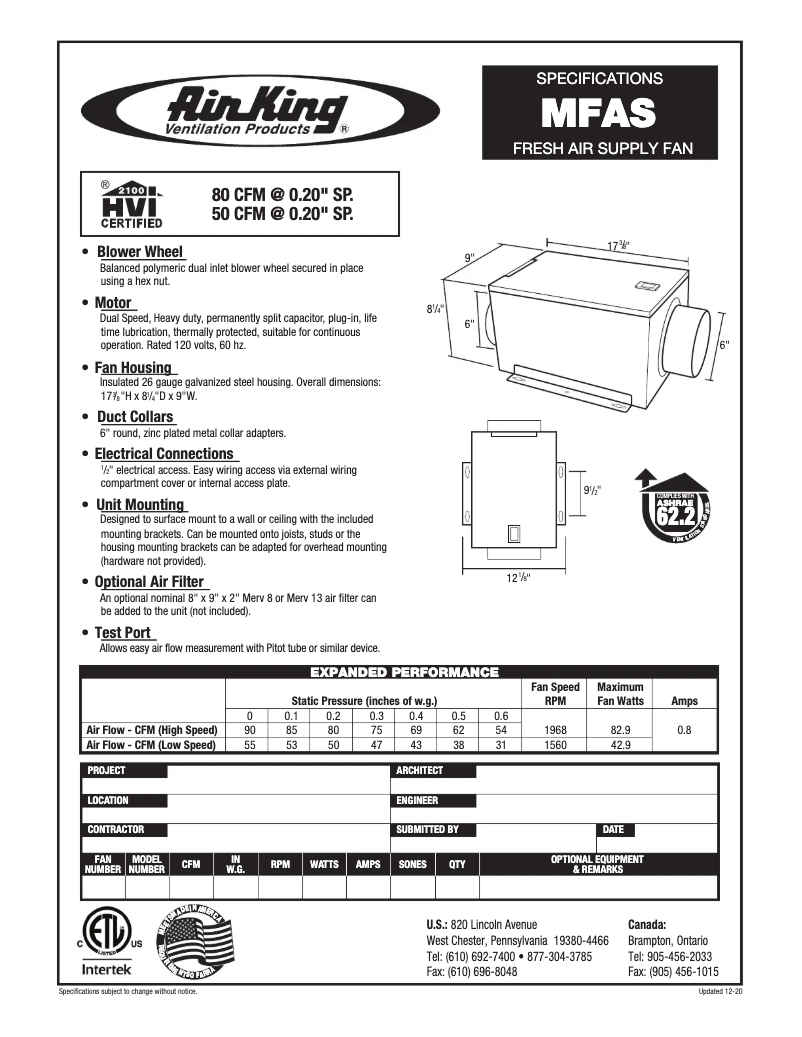Page n°1 - Fiche technique Air King MFAS
