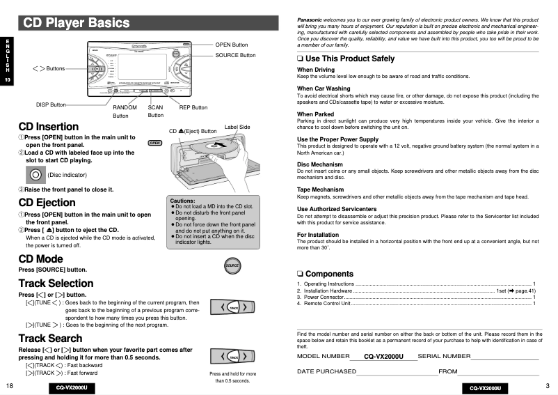 Page 1 de la notice Manuel utilisateur Panasonic CQ-VX2000U