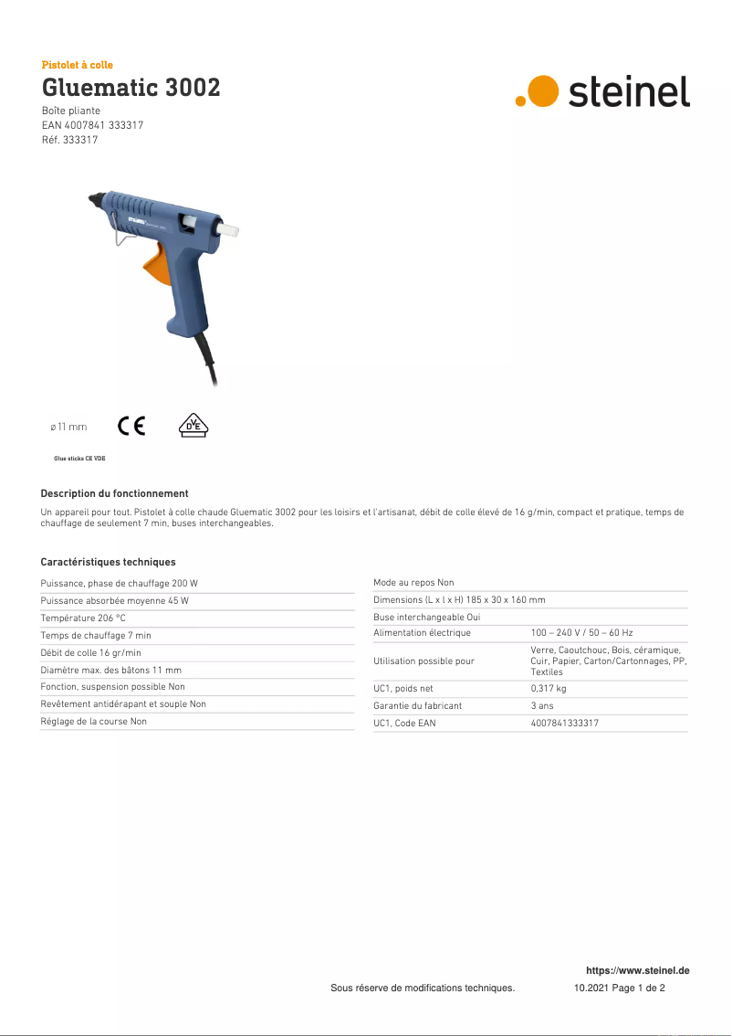 Page 1 de la notice Fiche technique Steinel Gluematic 3002