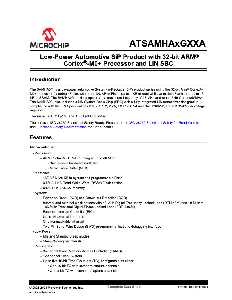 Imagen de la primera página del manual del dispositivo ATSAMHA0G16A-B