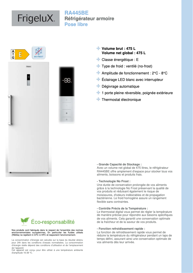 Page n°1 - Fiche technique FrigeluX RA445BE