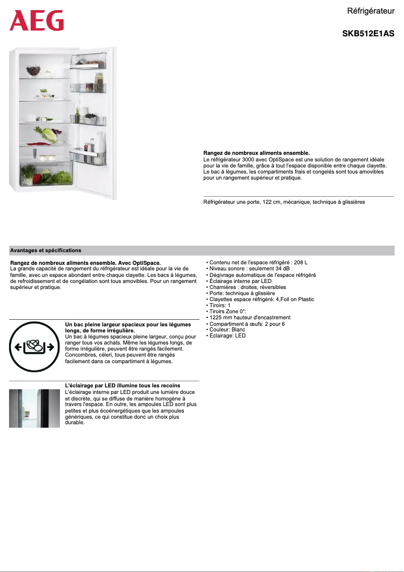 Page 1 de la notice Fiche technique AEG SKB512E1AS