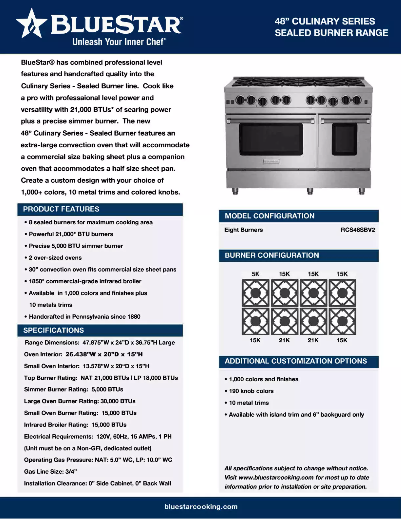 Página 1 del manual Ficha técnica BlueStar RCS48SBV2C-5007